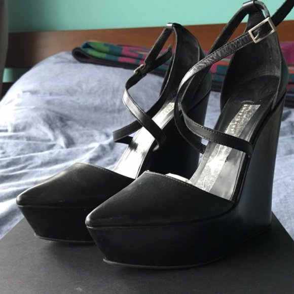 Theyskens' Theory leather pointed toe criss cross ankle strap platform wedge - Picture 9 of 11